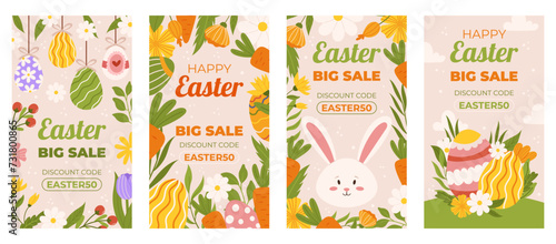 Easter collection of vertical social media template for shopping sale. Design with floral frames, painted eggs, carrot and bunny. Flat hand drawn illustrations for promoting.