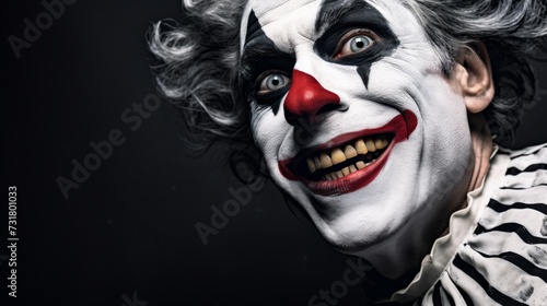 Portrait of a crazy clown with a scary face, showing the sadness behind the happy face.