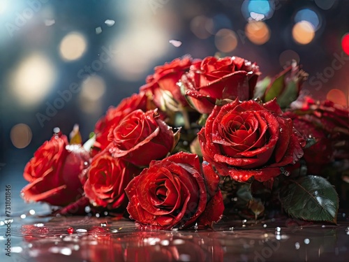 Bouquet of red roses on a horizontal surface