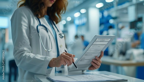 Patient Consent Forms Digitization, the digitization of patient consent forms with an image showing patients electronically signing documents on tablets or kiosks, AI  photo