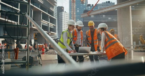 Female Civil Engineer Using a Laptop Computer and Talking with General Workers at a Residential Building Construction Area. Female and Male Employees Oversee the Real Estate Project Plan photo