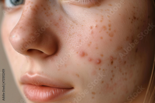 Closeup of a woman with acne on her face. Skin care concept.