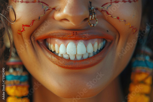 Close-up of a young Indian woman smiling and showing her teeth