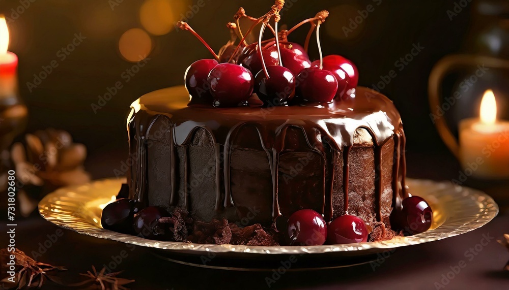 Tort czekoladowy z polewą czekoladową i wiśniami - obrazy, fototapety, plakaty 