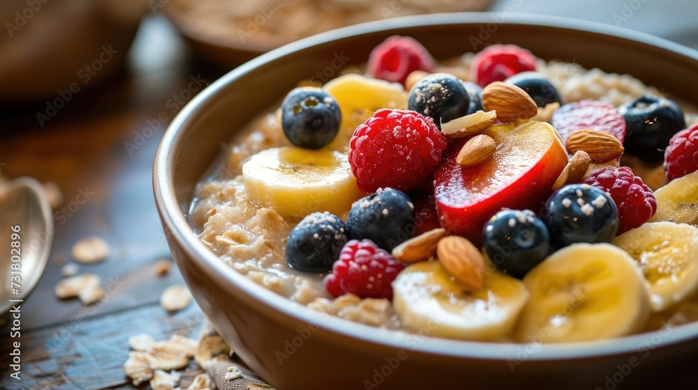 A close-up shot of a wholesome bowl of oatmeal A close-up shot of a wholesome bowl of oatmeal