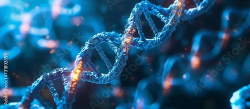 A close-up image of a DNA strand with an electric blue background, resembling a beautiful pattern in the darkness of space. This art captures the intertwining of science and aesthetics.