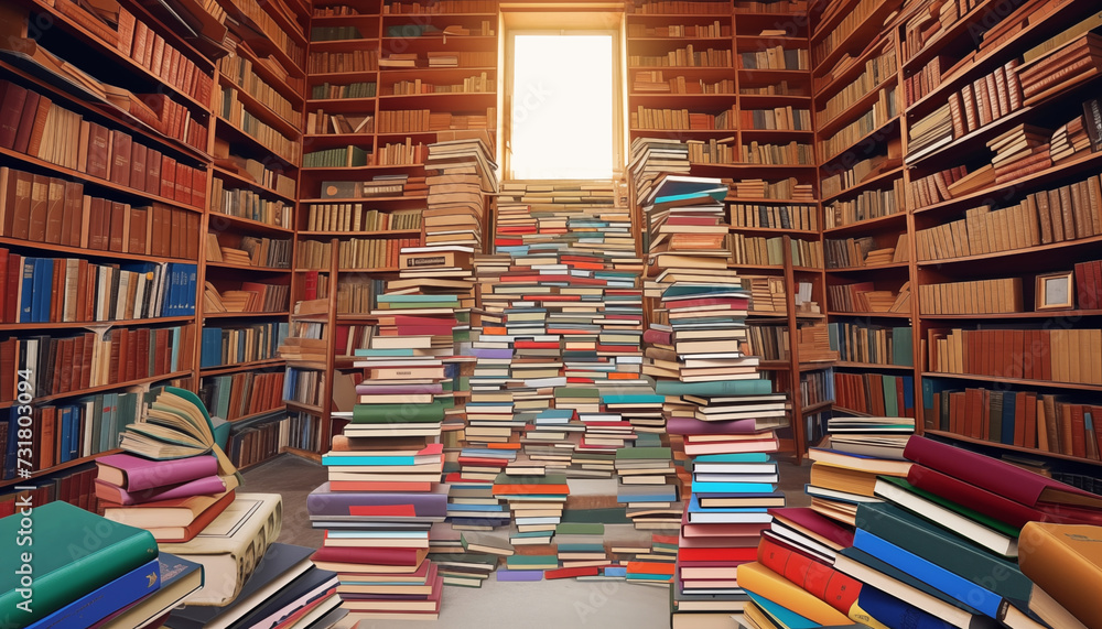 Library with books. Shelves with books from ceiling to floor. Stairs made of books with an open door. Flying books. Library with books. Shelves with books from ceiling to floor. Stairs made of books with an open door. Flying books.