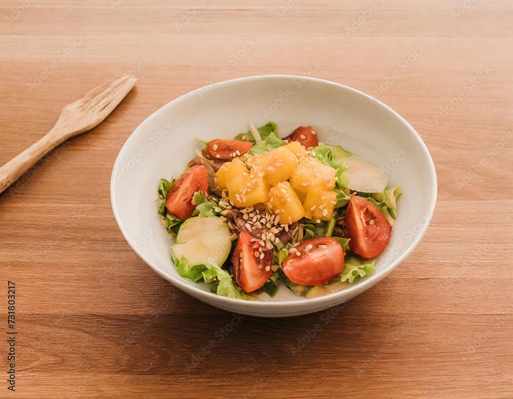 food shot, close up, a bowl of salad on the wooden table food shot, close up, a bowl of salad on the wooden table
