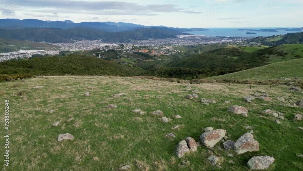 Aerial view of green hills of Belmont Regional Park, New Zealand