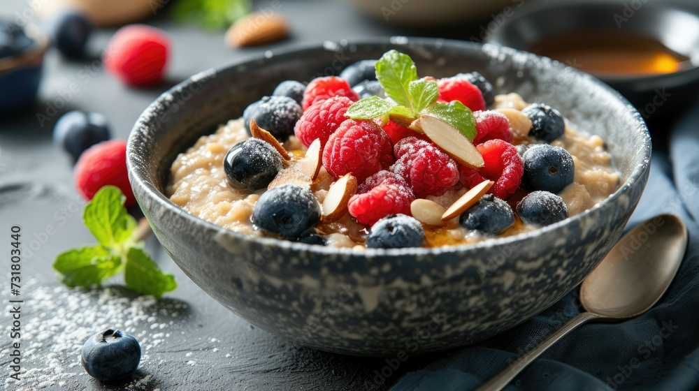 A comforting bowl of warm oatmeal topped with fresh berries, sliced almonds A comforting bowl of warm oatmeal topped with fresh berries, sliced almonds