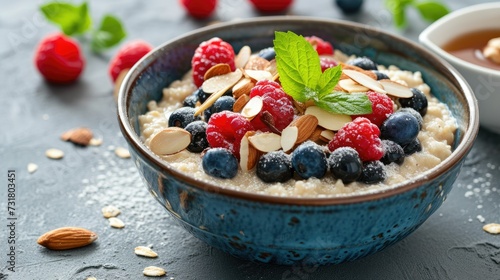 A comforting bowl of warm oatmeal topped with fresh berries, sliced almonds