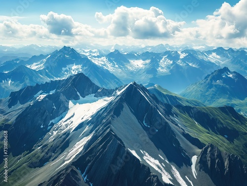 Aerial perspective of a majestic mountain range with snow-capped peaks