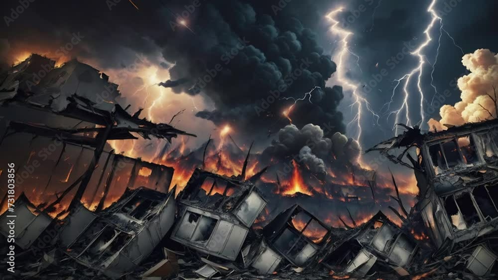 The apocalypse scene behind the ruined houses blazing and lightning from the sky. A city in ruins, a disaster and armageddon. AI illustrations transformations and metamorphose. AI generated video