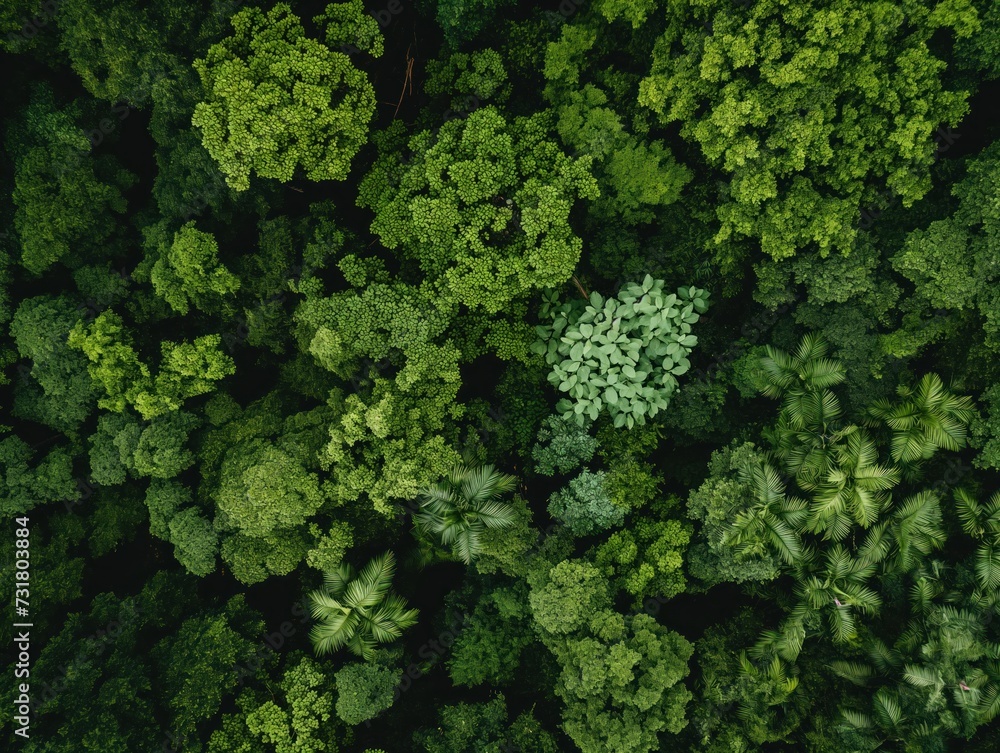 Drone shot of a lush green forest canopy from above