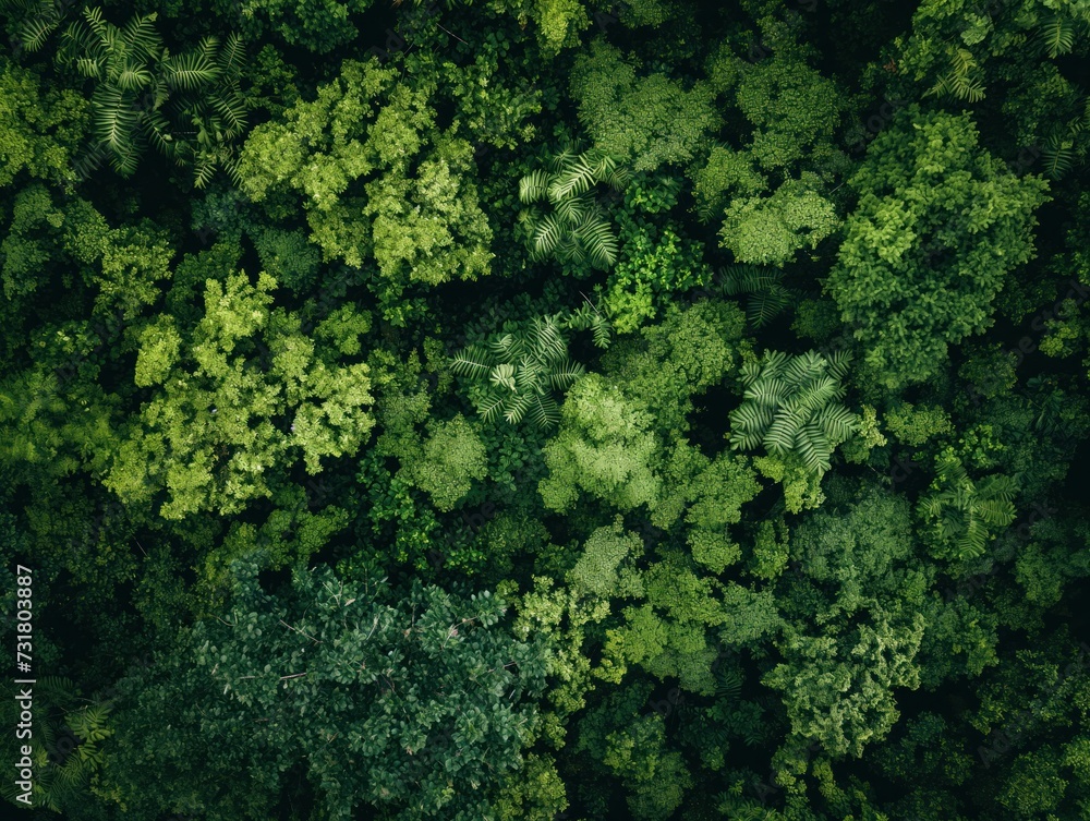 Drone shot of a lush green forest canopy from above - obrazy, fototapety, plakaty 