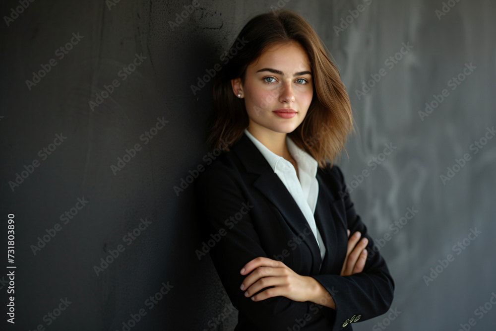 Portrait of a young business woman in a navy blue business suit standing and leaning against a wall Portrait of a young business woman in a navy blue business suit standing and leaning against a wall