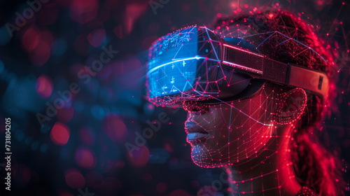 Futuristic virtual reality experience with a digital human face and VR headset illuminated in a network of glowing nodes and data streams #731804205