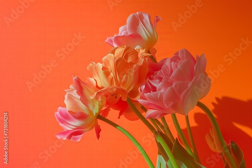 stylish tulips and ranunculuses bouquette on a bold orange background photo