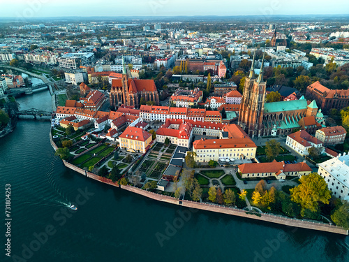 Aerial view on the Cathedral Island (Polish: Ostrow Tumski - the oldest part of the city of Wroclaw (German: Breslau) - city in southwestern Poland, historical region of Silesia, Poland, Europe