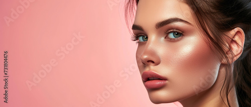 Beauty image of a woman with natural makeup with empty copy space, Model, Beauty Advertising, with plain background photo