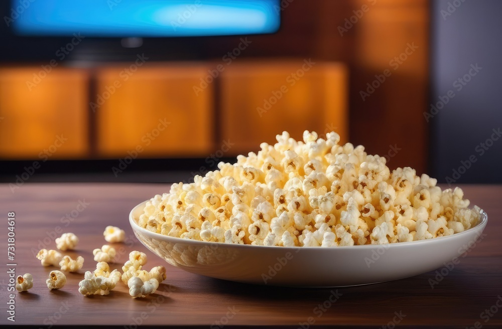 Food, popcorn. Close-up of a full plate of white popcorn on a wooden table. A little scattered on the table. Food, popcorn. Close-up of a full plate of white popcorn on a wooden table. A little scattered on the table.