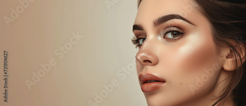 Beauty image of a woman with natural makeup with empty copy space, Model, Beauty Advertising, with plain background