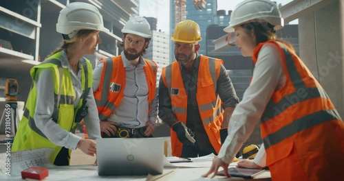 Portrait of Diverse Multiethnic Team of Construction Workers Having a Meeting Outdoors at a Building Site. Male and Female Infrastructure Company Crew Discussing Office Building Development Plans photo