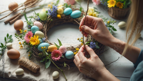 Handgefertigter Osterkranz mit bunten Eiern und Frühlingsblumen photo