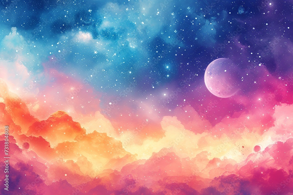 A surreal watercolor celestial display featuring an array of colorful planets aligned, framed by a delicate nebula ribbon, perfect for wall art wallpaper A surreal watercolor celestial display featuring an array of colorful planets aligned, framed by a delicate nebula ribbon, perfect for wall art wallpaper