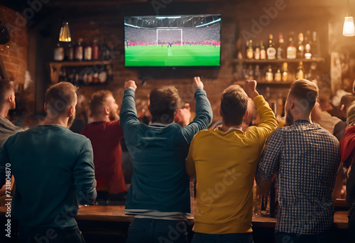 A group of football fans are watching the football championship on TV in a beer bar. Back view