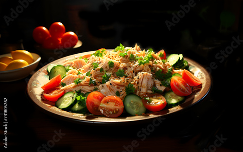 Salad with cucumber canned tuna and tomatoes on a plate