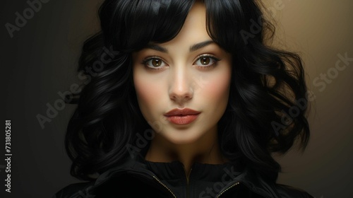 AI generated illustration of a young woman with black hair, her bangs partially obscuring her face