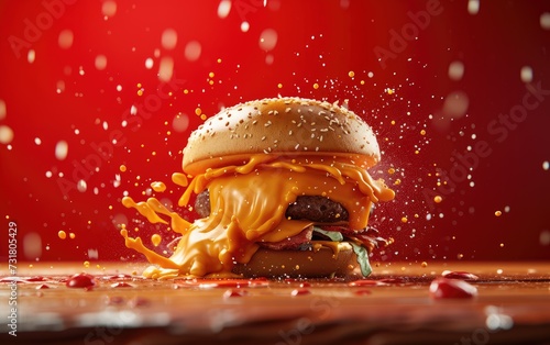 Burger with flying ingredients and splashes on a red background. © FS Stock