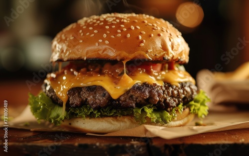 Hamburger with cheese, lettuce and onion on a black background