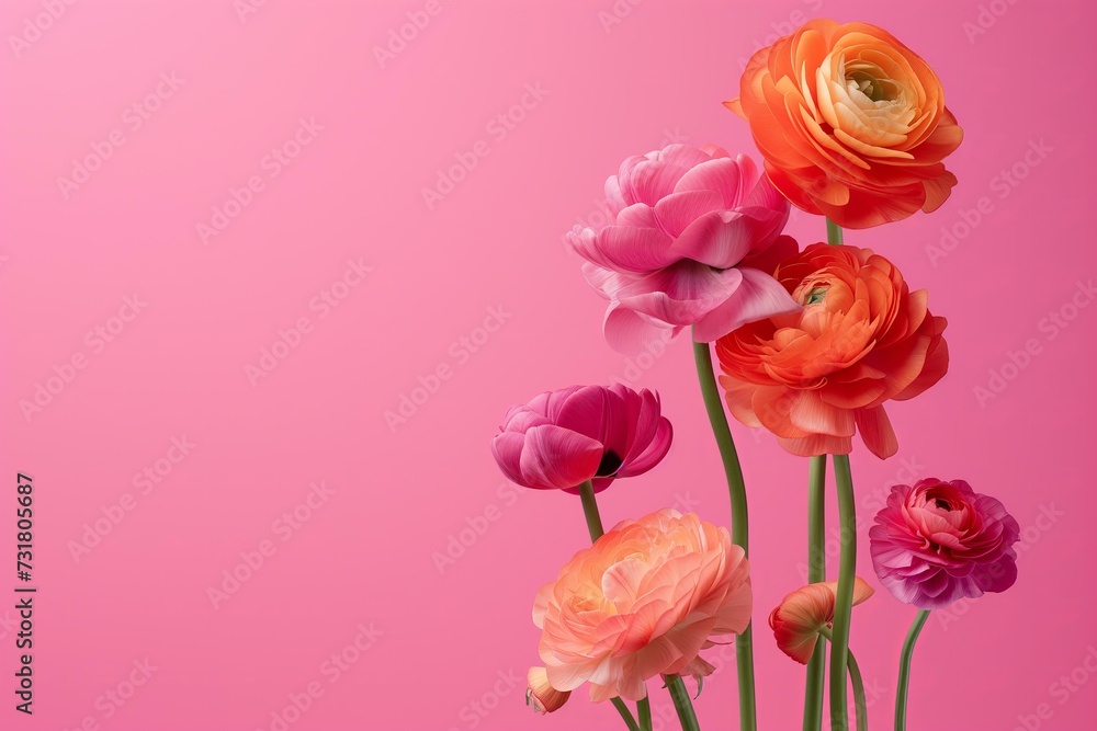 stylish tulips and ranunculuses bouquette on a bold pink background stylish tulips and ranunculuses bouquette on a bold pink background