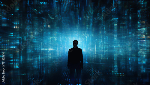 Opportunities of artificial intelligence AI. The silhouette of a person in front of a digital surreal background. Humans in digital space. Digital identity. Identity theft. Threats in virtual space. 