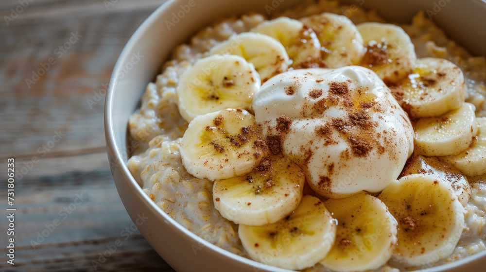 A classic bowl of oatmeal with a sprinkle of cinnamon, sliced bananas, and a dollop of yogurt