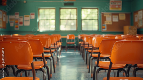 Empty Classroom. Back to school. Classroom Interior Vintage Wooden Lecture Wooden Chairs and Desks. Studying lessons in secondary education. generative ai