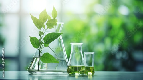 Science and nature concept, green laboratory with test tubes photo