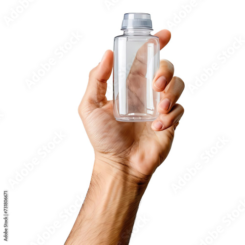 Man hand holding a transparent disposal liquid container with sipper, cream inside Isolated on transparent background.