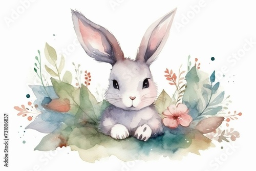 Adorable watercolor bunny illustration in bohemian cartoon style, perfect for Easter and children's designs. Generative AI