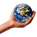 Men Single hand holding planet earth Isolated on transparent background.
