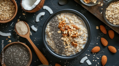 A hearty breakfast scene featuring a bowl of oatmeal surrounded by ingredients like chia seeds, coconut flakes, and granola