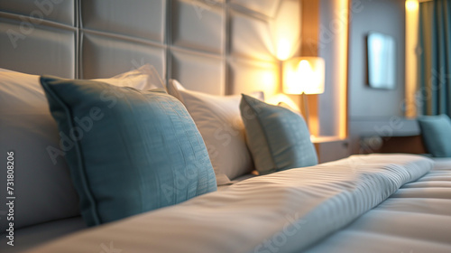 현대적인 호텔의 따스한 아침 조명이 비치는 침실