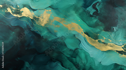 Szmaragdowe abstrakcyjne tło - tekstura z farby olejnej na płótnie z dodatkiem złota © yeseyes9