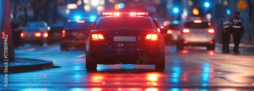 Police car on the road at night, responding with flashing lights © Tomasz