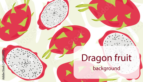 Summer Fruits Background with Pitahaya, Minimalistic Design, Dragon Fruits, Tropical, Exotic, Hand Drawn, Pitaya, Vitamin, Pink, Dragonfruit, Asia, Vector, Illustration