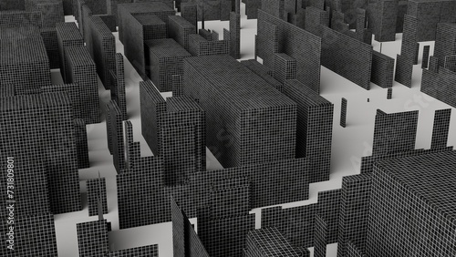 black and white city view from above made of 3D cubes with black onyx mosaic texture