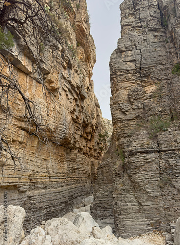 A landscape of a dry and scenic hiking trail in the desert in between a slot canyon in Guadalupe Mountains National Park in Texas, USA.