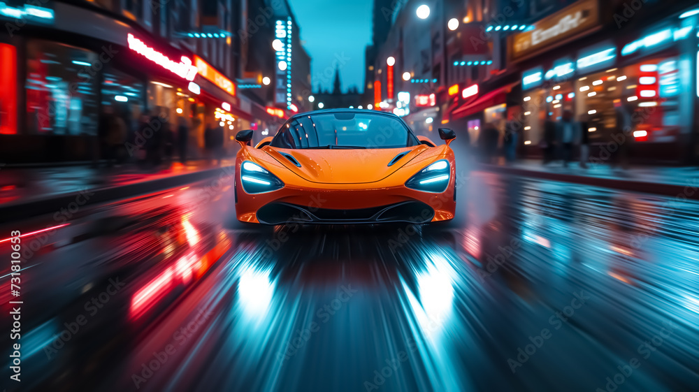 Long exposure of speeding super car in the middle of highway of huge city, night lights, car light trails and blurred lights, speed motion blur background, super fast car, modern transport, luxury Long exposure of speeding super car in the middle of highway of huge city, night lights, car light trails and blurred lights, speed motion blur background, super fast car, modern transport, luxury